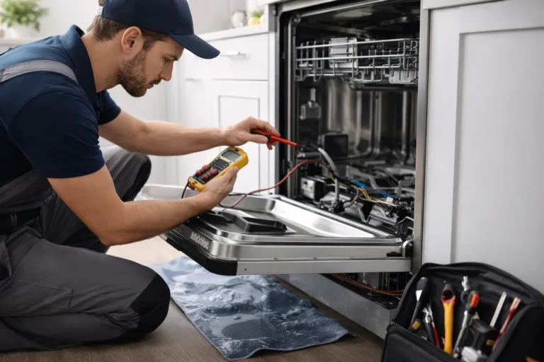 Monteur controleert vaatwasser met multimeter bij Vaatwasser reparatie Den Haag