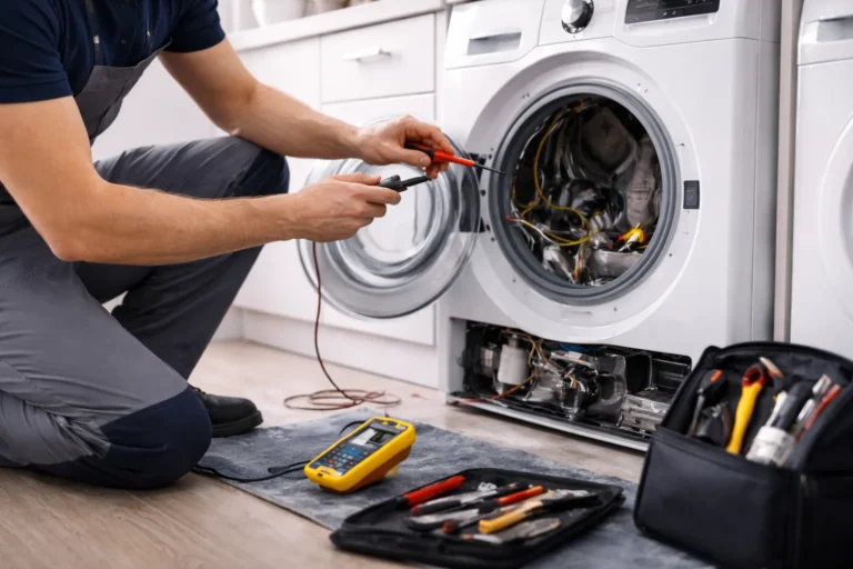 Monteur controleert wasmachine met multimeter bij Wasmachine reparatie Den Haag