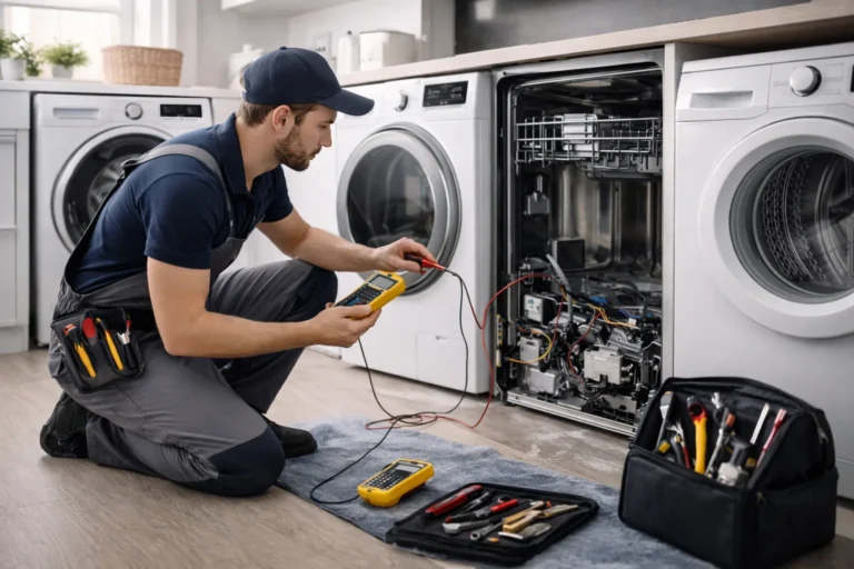 Monteur test vaatwasser en wasmachine bij Witgoed reparatie Den Haag