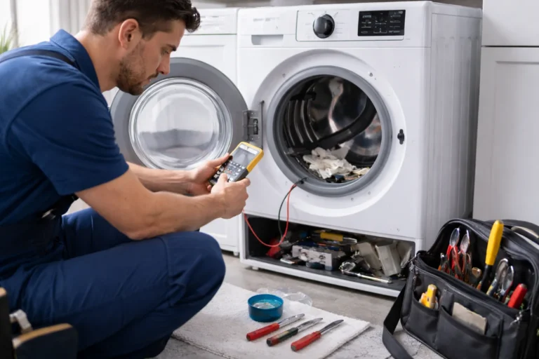 Witgoed reparatie Den Haag door monteur die wasmachine meet en controleert