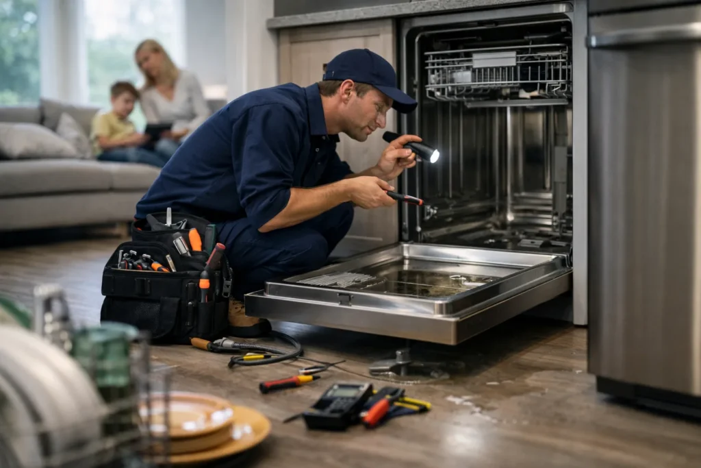 Monteur doet vaatwasser reparatie in Den Haag en controleert de afvoer en pomp aan huis