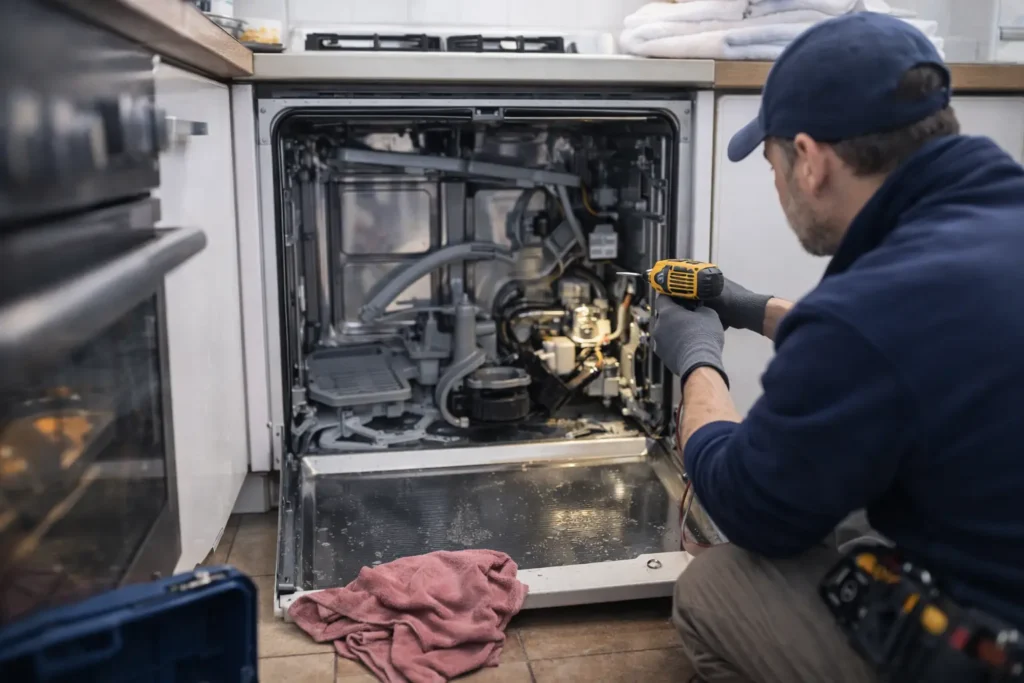 Monteur voert vaatwasser reparatie uit aan huis in Den Haag bij open inbouwvaatwasser