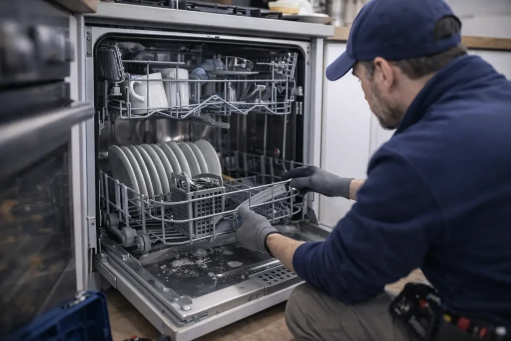 Monteur voert vaatwasser reparatie uit in Den Haag voor stille en schone werking