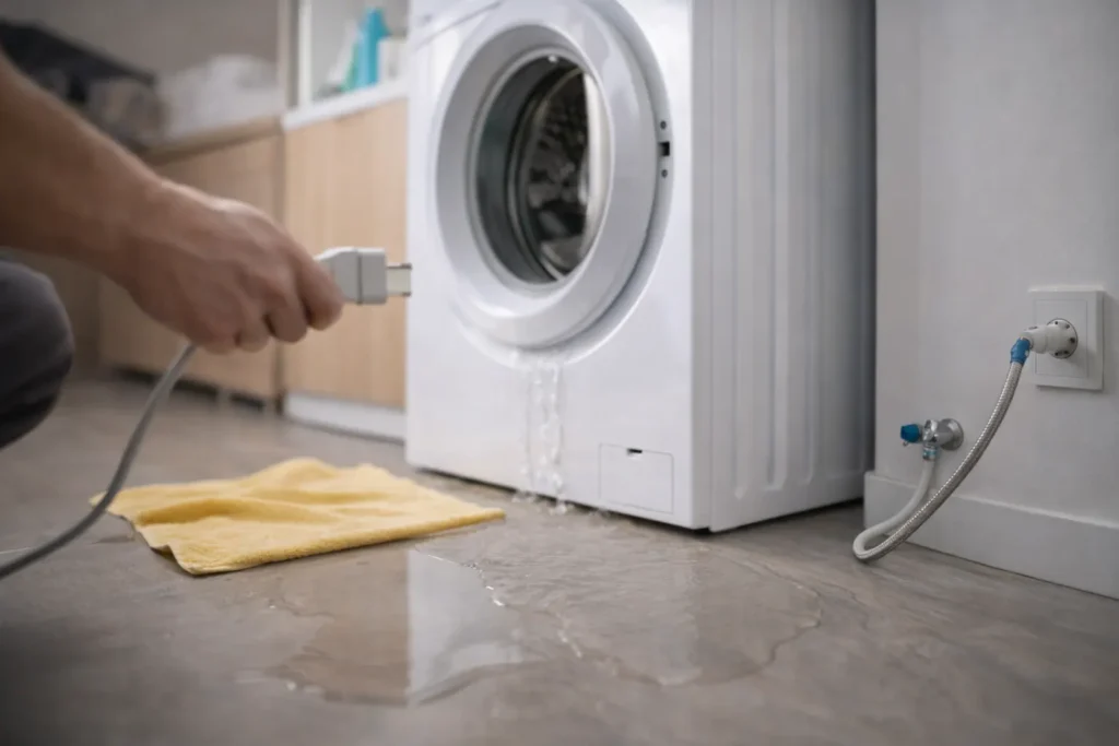 Wasmachine lekt water terwijl stekker wordt uitgetrokken tijdens wasmachine reparatie in Den Haag