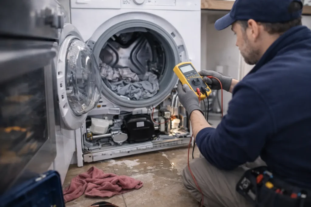 Monteur voert wasmachine reparatie uit in Den Haag bij lekkage en foutcodes