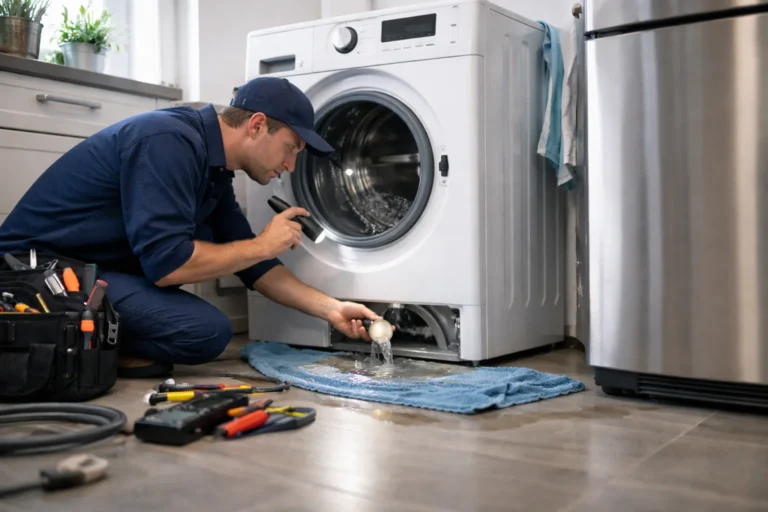 Monteur voert wasmachine reparatie in Den Haag uit bij lekkage en controleert de pomp aan huis