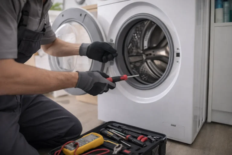 Monteur repareert wasmachine aan huis in Den Haag met gereedschap