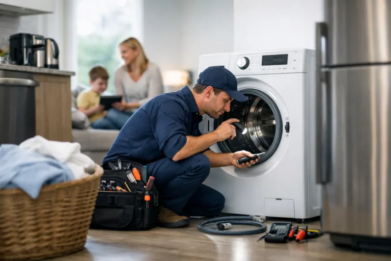 Monteur voert witgoed reparatie in Den Haag uit aan huis bij een wasmachine