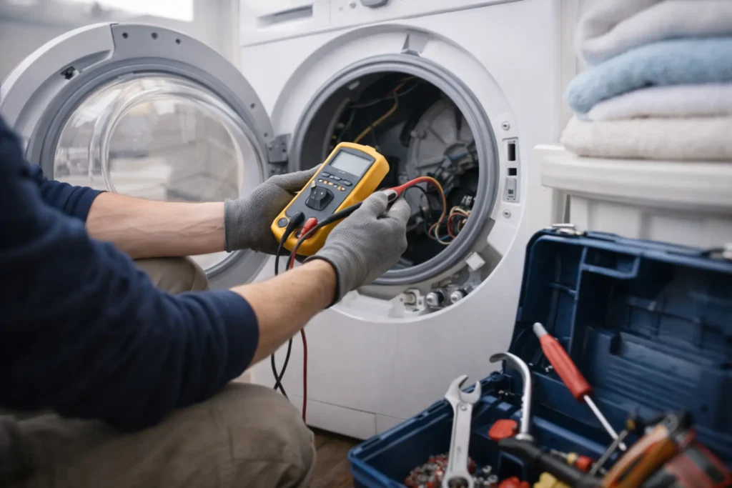 Monteur voert duurzame witgoed reparatie uit aan wasmachine in Den Haag