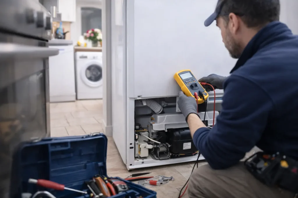 Monteur voert witgoed reparatie aan huis uit in Den Haag bij een koelkast met meetapparatuur