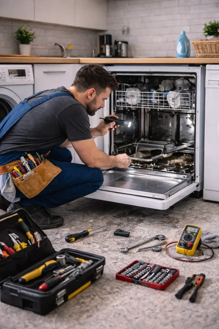 Monteur voert vaatwasser reparatie Den Haag uit in moderne keuken na storing