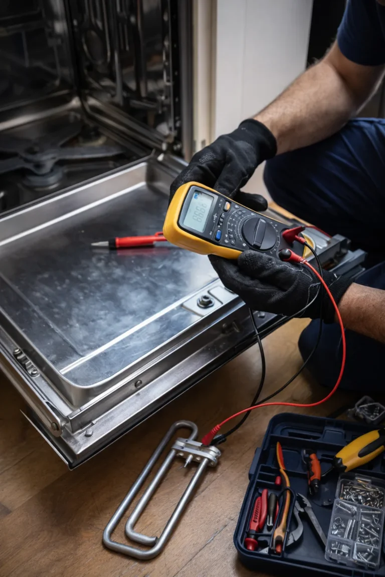 Monteur meet verwarmingselement van een vaatwasser met multimeter in keuken