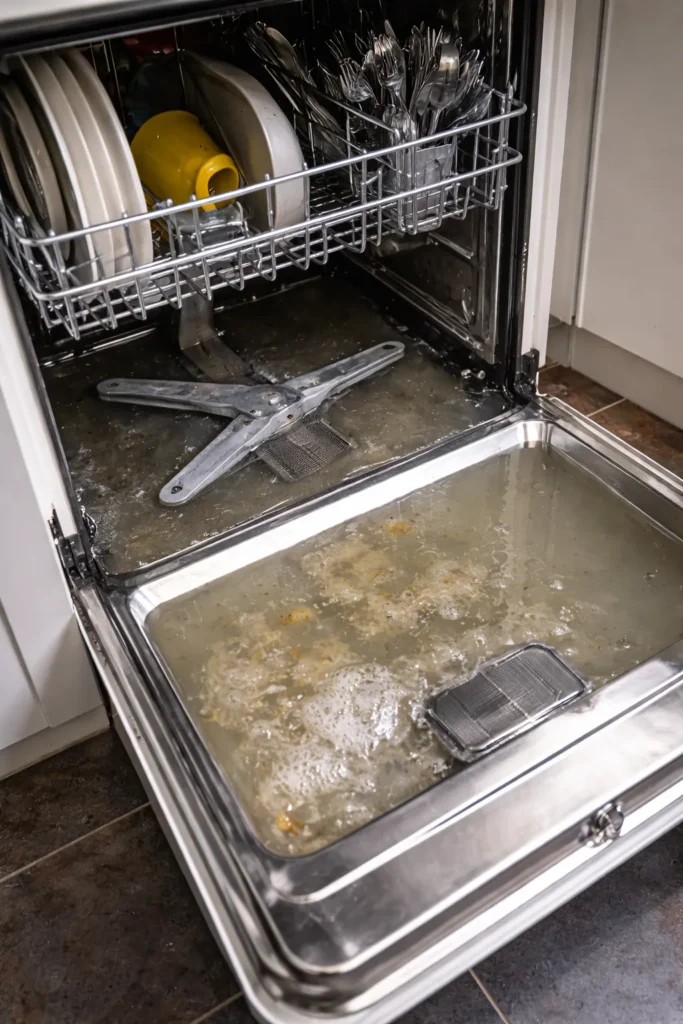 Vaatwasser met stilstaand water onderin en vuile vaat in het rek