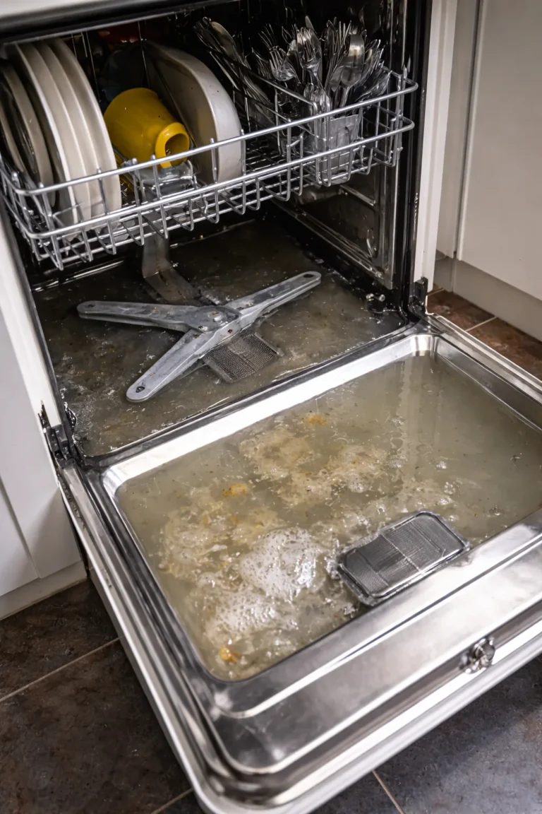Vaatwasser met stilstaand water onderin en vuile vaat in het rek