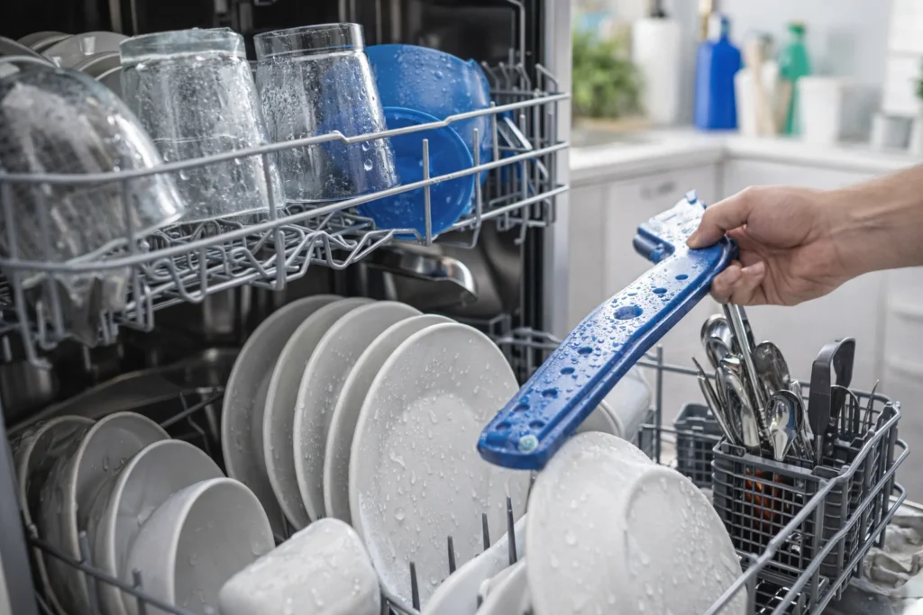 Vaatwasser met natte vaat en verstopte sproeiarm in keuken