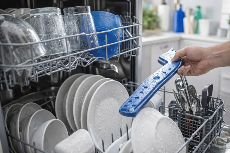 Vaatwasser met natte vaat en verstopte sproeiarm in keuken