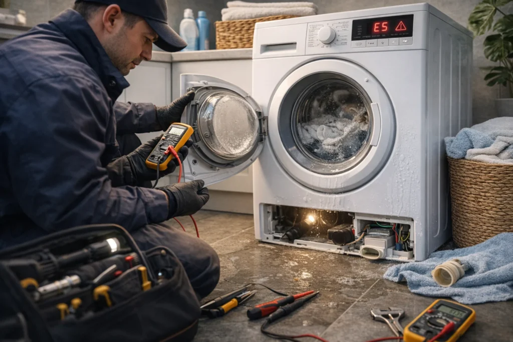 Monteur voert wasmachine reparatie uit bij storing E5 en waterlekkage
