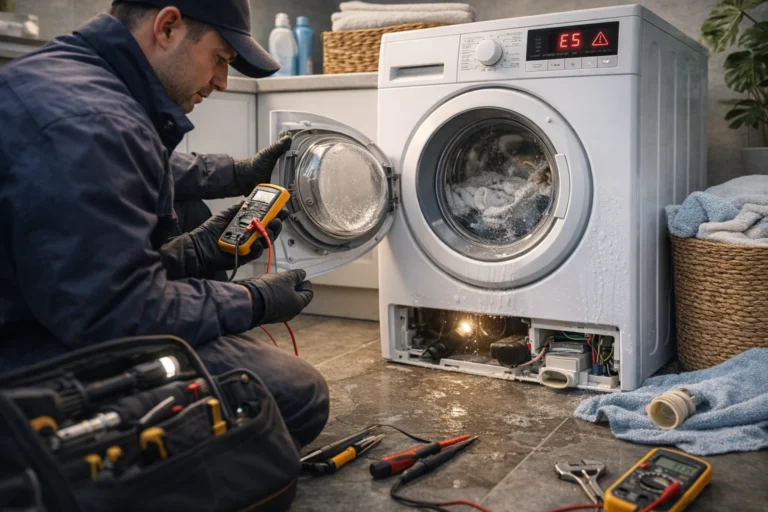 Monteur voert wasmachine reparatie uit bij storing E5 en waterlekkage