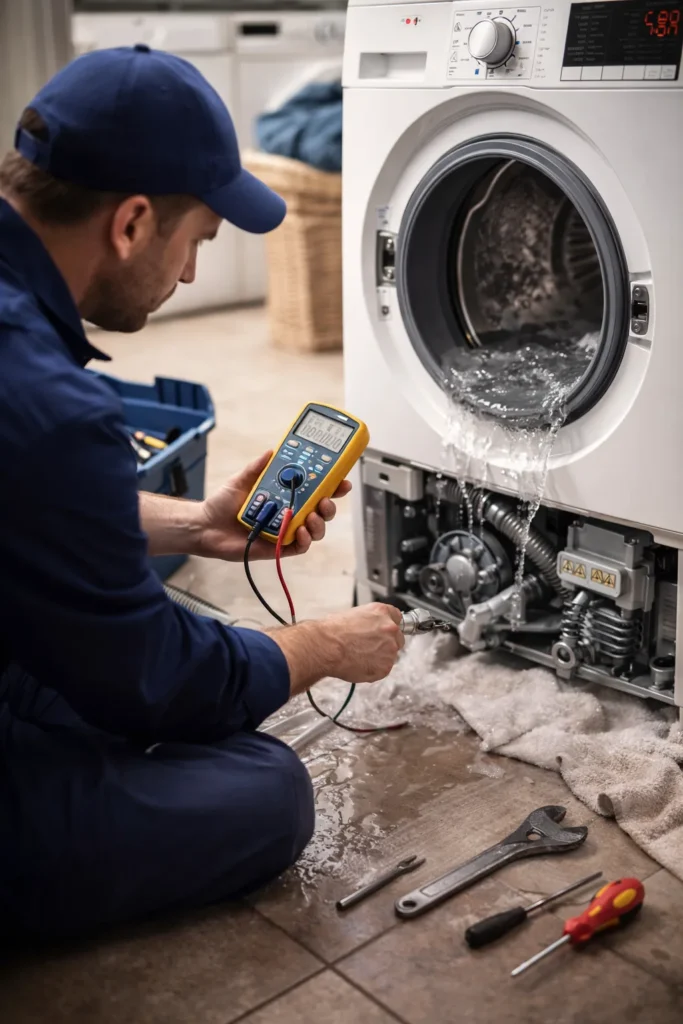 Monteur voert wasmachine reparatie Den Haag uit en meet met een multimeter terwijl de wasmachine lekt.