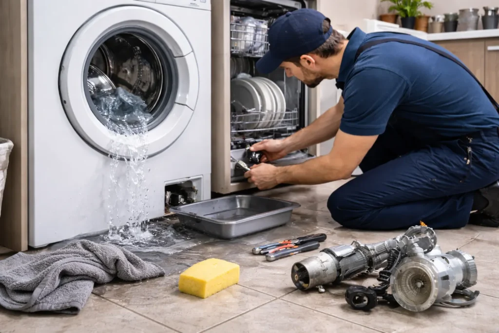 Monteur verhelpt lekkage en afvoerprobleem bij een wasmachine aan huis in Den Haag