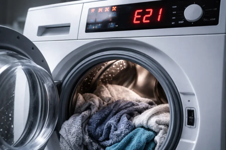 Wasmachine met open deur en storingscode op display, trommel draait zwaar