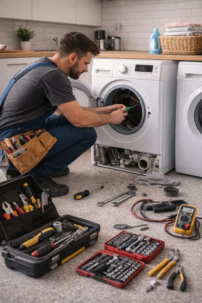 Monteur voert witgoed reparatie Den Haag uit aan een wasmachine met professioneel gereedschap in een moderne keuken.