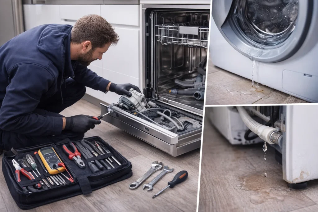Monteur repareert vaatwasser en controleert lekkage bij wasmachine en koelkast in Den Haag