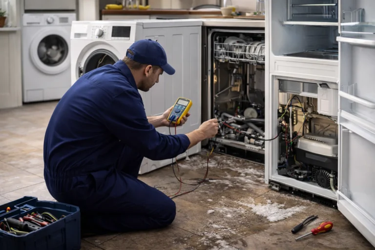 Monteur voert witgoed reparatie Den Haag aan huis uit en test een koelkast met meetapparatuur, met wasmachine en vaatwasser op de achtergrond.