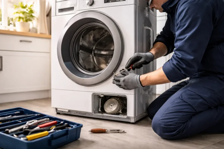 Monteur repareert wasmachine aan huis in Den Haag met gereedschapskoffer naast het apparaat