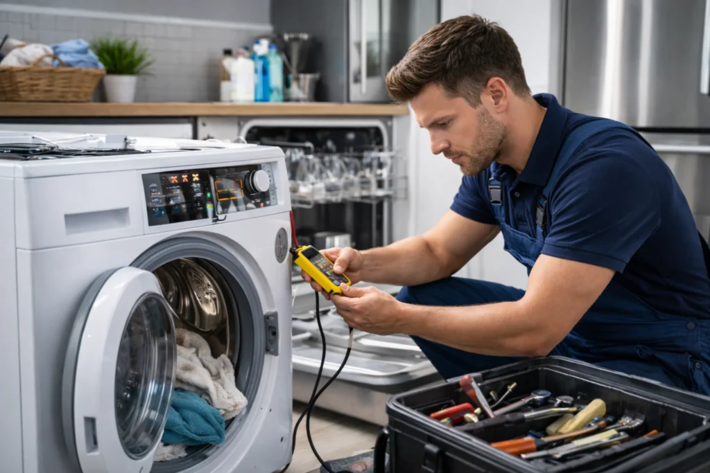 Monteur voert diagnose uit bij wasmachine met meetapparatuur tijdens witgoed reparatie