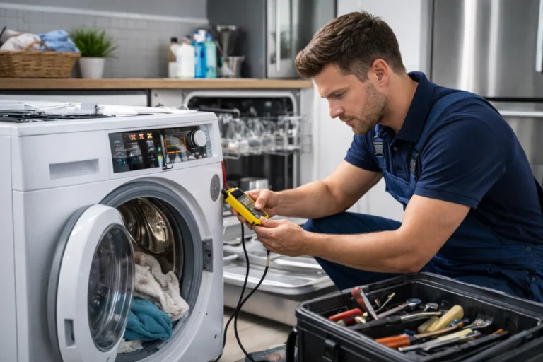 Monteur voert diagnose uit bij wasmachine met meetapparatuur tijdens witgoed reparatie