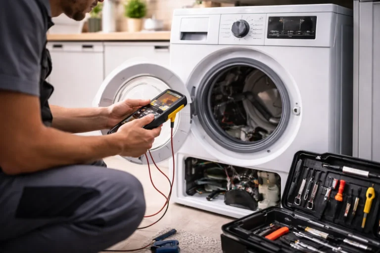 Monteur voert witgoed reparatie uit aan wasmachine in woning in Den Haag