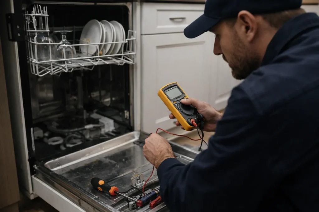 vaatwasser reparatie Den Haag monteur controleert vaatwasser die niet goed spoelt of droogt