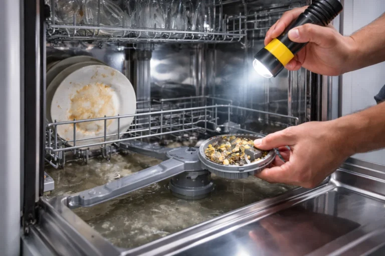 Vaatwasser reparatie Den Haag met monteur die verstopt filter en afvoer controleert