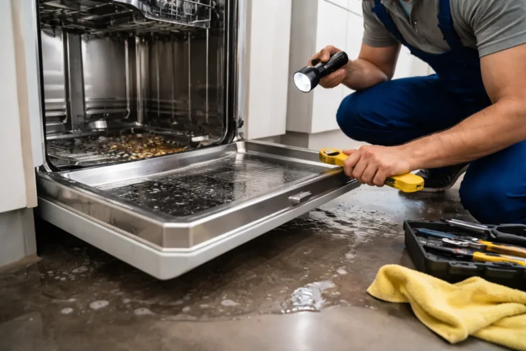 Monteur controleert een lekkende vaatwasser met stilstaand water in een keuken in Den Haag
