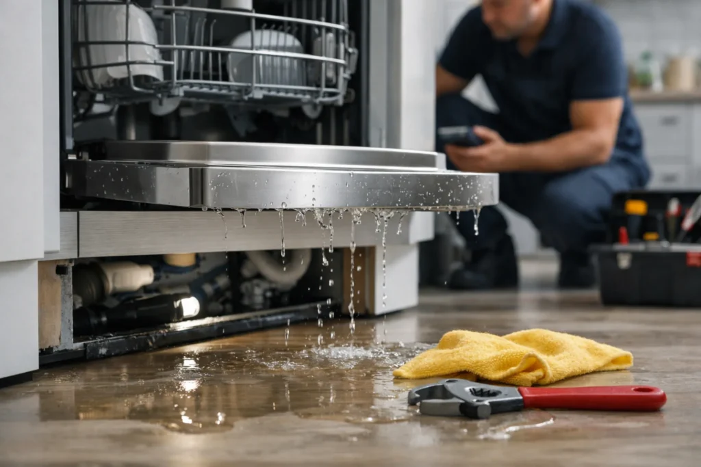 Vaatwasser reparatie Den Haag bij lekkage onder open vaatwasser in keuken