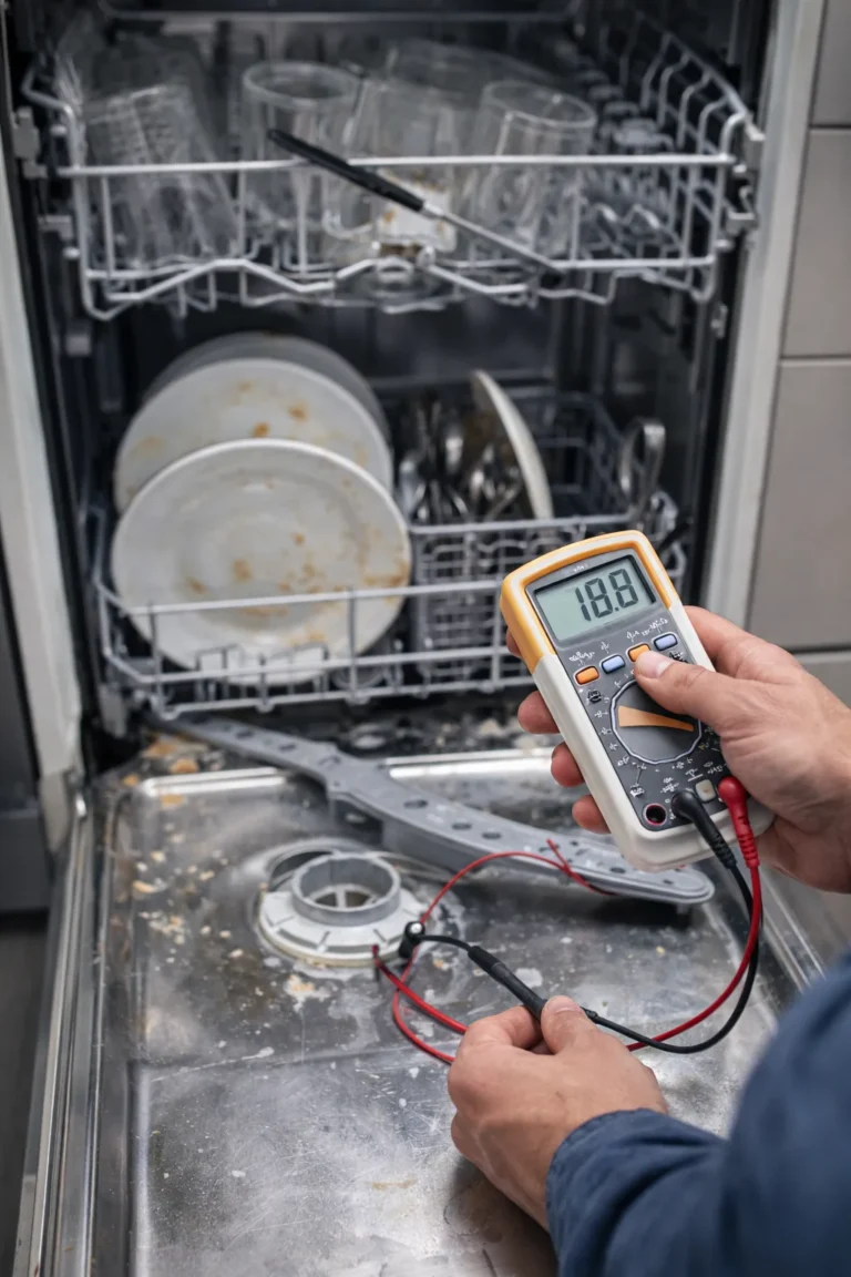 Technicus controleert vaatwasser met multimeter bij slechte spoeling en vuile vaat in Den Haag
