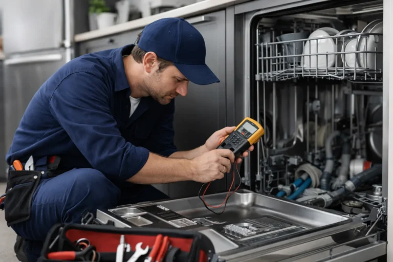 Monteur controleert een vaatwasser in een moderne keuken tijdens reparatie aan huis in Den Haag