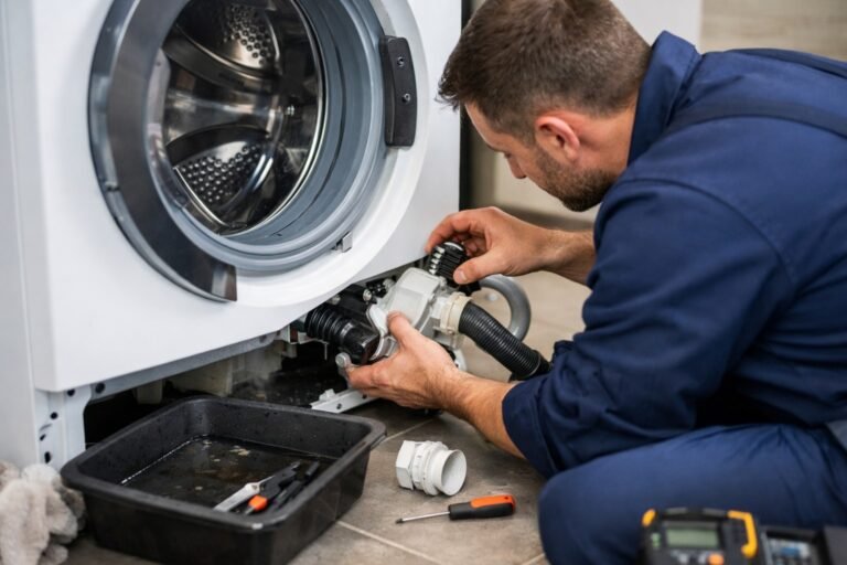 Monteur voert wasmachine reparatie Den Haag uit en controleert pomp en afvoer bij storing