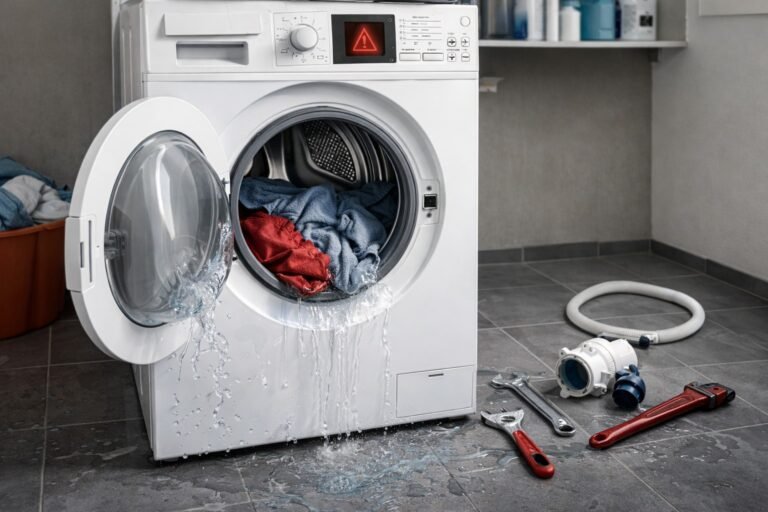 Wasmachine reparatie Den Haag bij lekkende wasmachine met natte was in de trommel