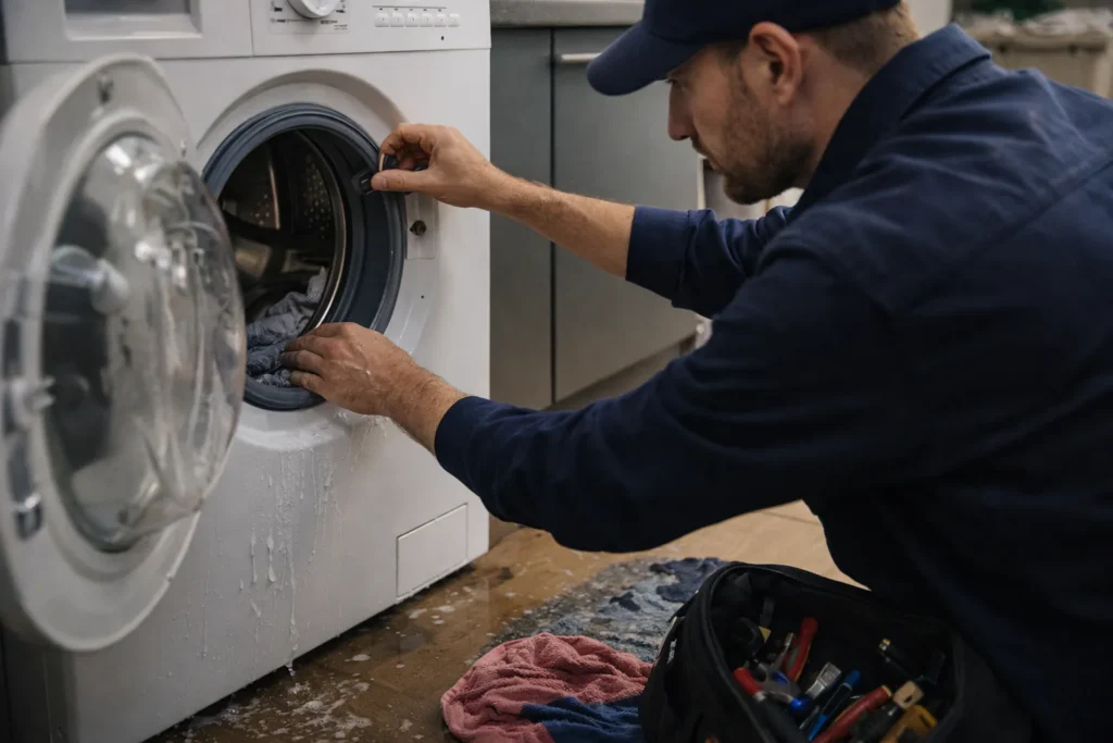 wasmachine reparatie Den Haag monteur herstelt lekkende wasmachine die niet centrifugeert
