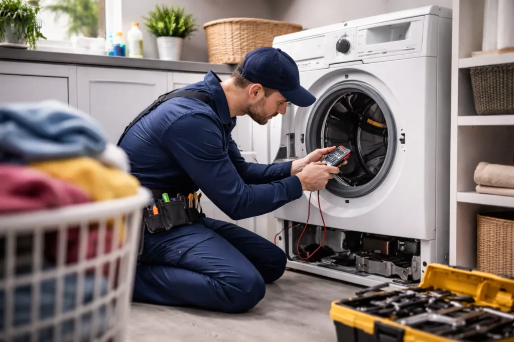 Wasmachine reparatie Den Haag door monteur die een wasmachine deskundig controleert