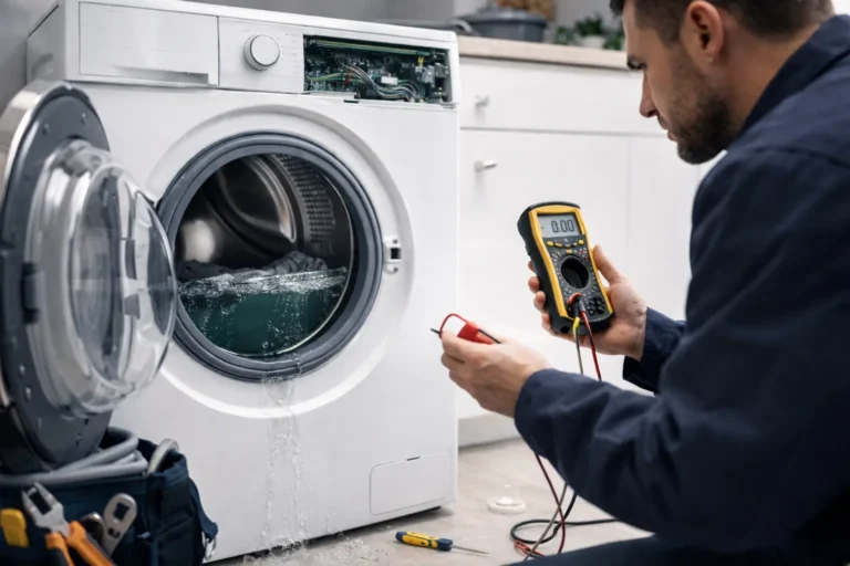 Monteur meet een wasmachine door met een multimeter terwijl er water in de trommel staat