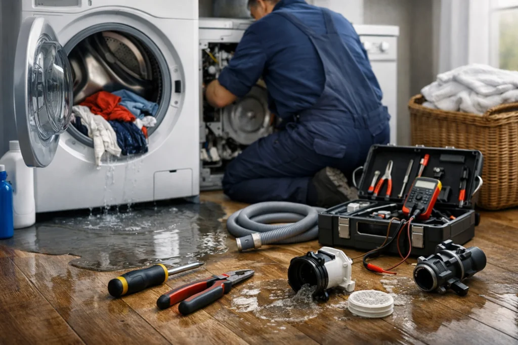 Monteur voert wasmachine reparatie Den Haag uit bij lekkende wasmachine met gereedschap op de vloer
