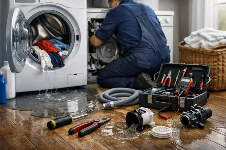 Monteur voert wasmachine reparatie Den Haag uit bij lekkende wasmachine met gereedschap op de vloer