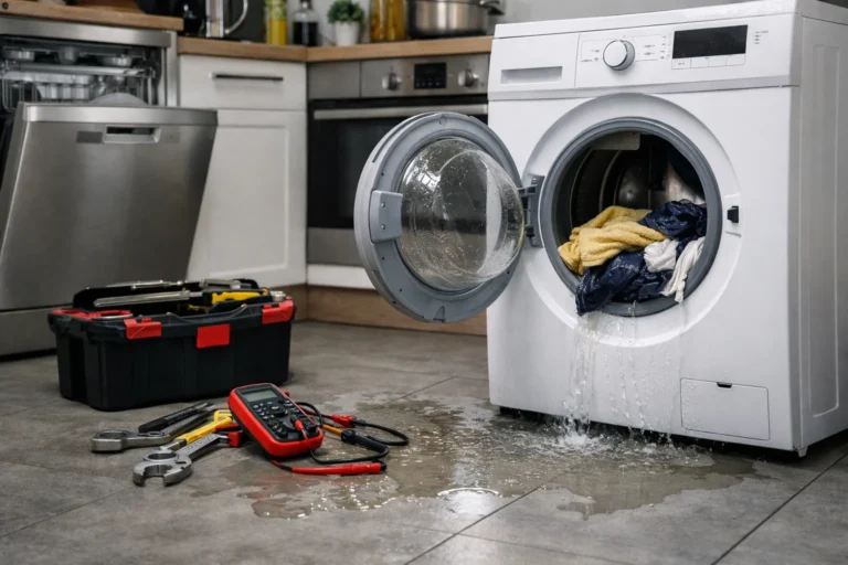 Witgoed reparatie Den Haag bij defecte wasmachine in moderne keuken