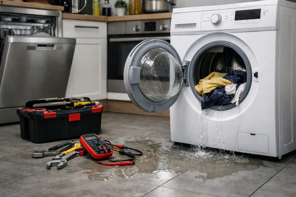 Witgoed reparatie Den Haag bij defecte wasmachine in moderne keuken
