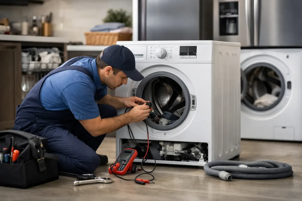 Monteur voert witgoed reparatie uit aan een wasmachine in een moderne keuken in Den Haag