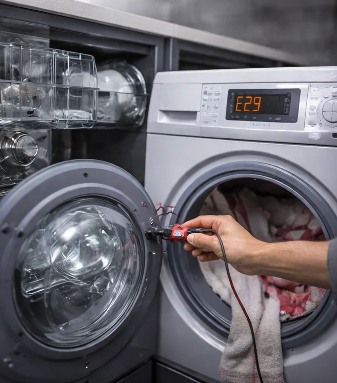 Witgoed reparatie Den Haag monteur controleert wasmachine met foutcode en meetapparatuur