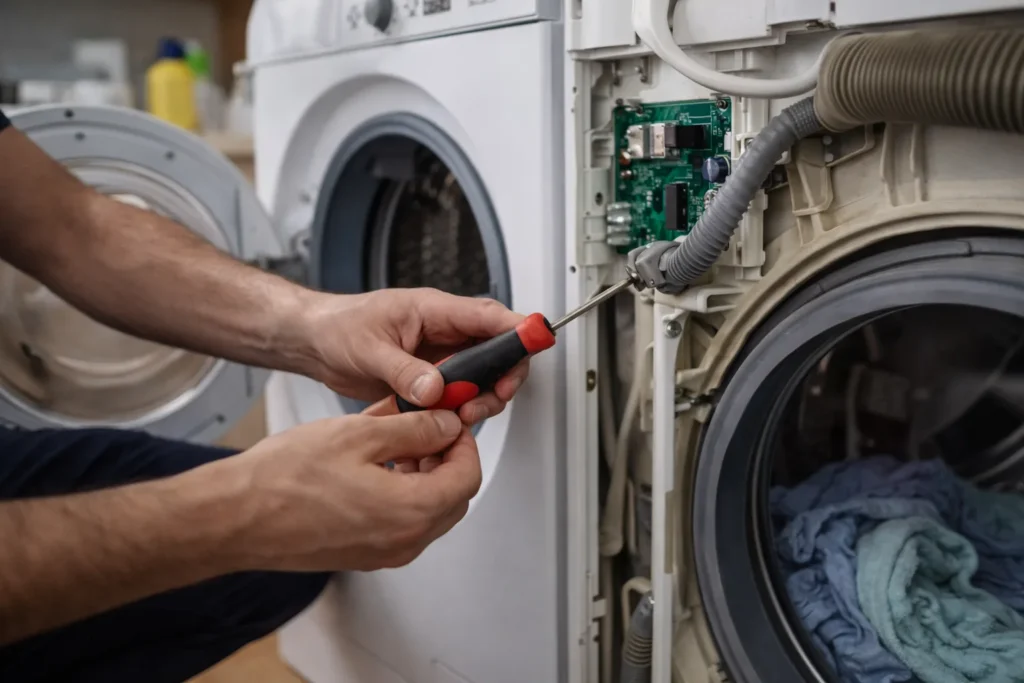 Monteur voert witgoed reparatie Den Haag uit aan een open wasmachine in huis